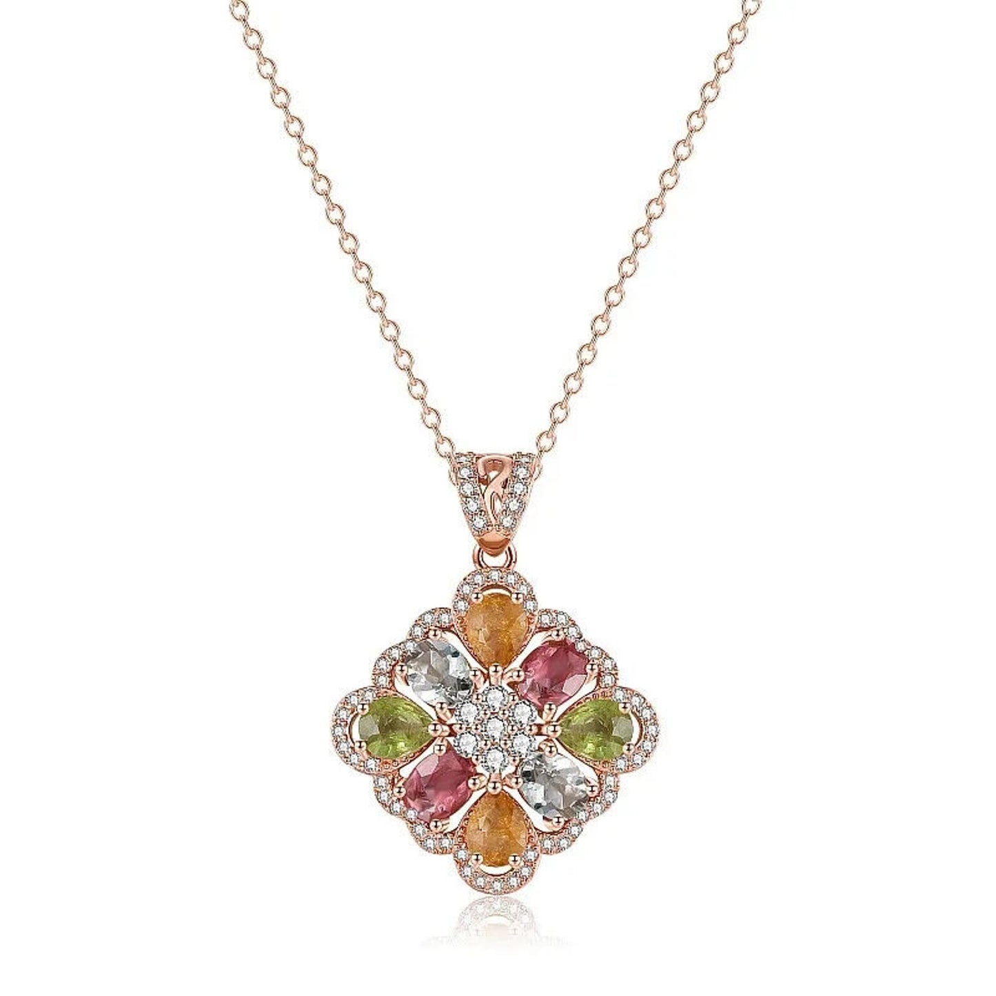 Rose Gold Tourmaline Gemstone Pendant Necklace 21x28mm