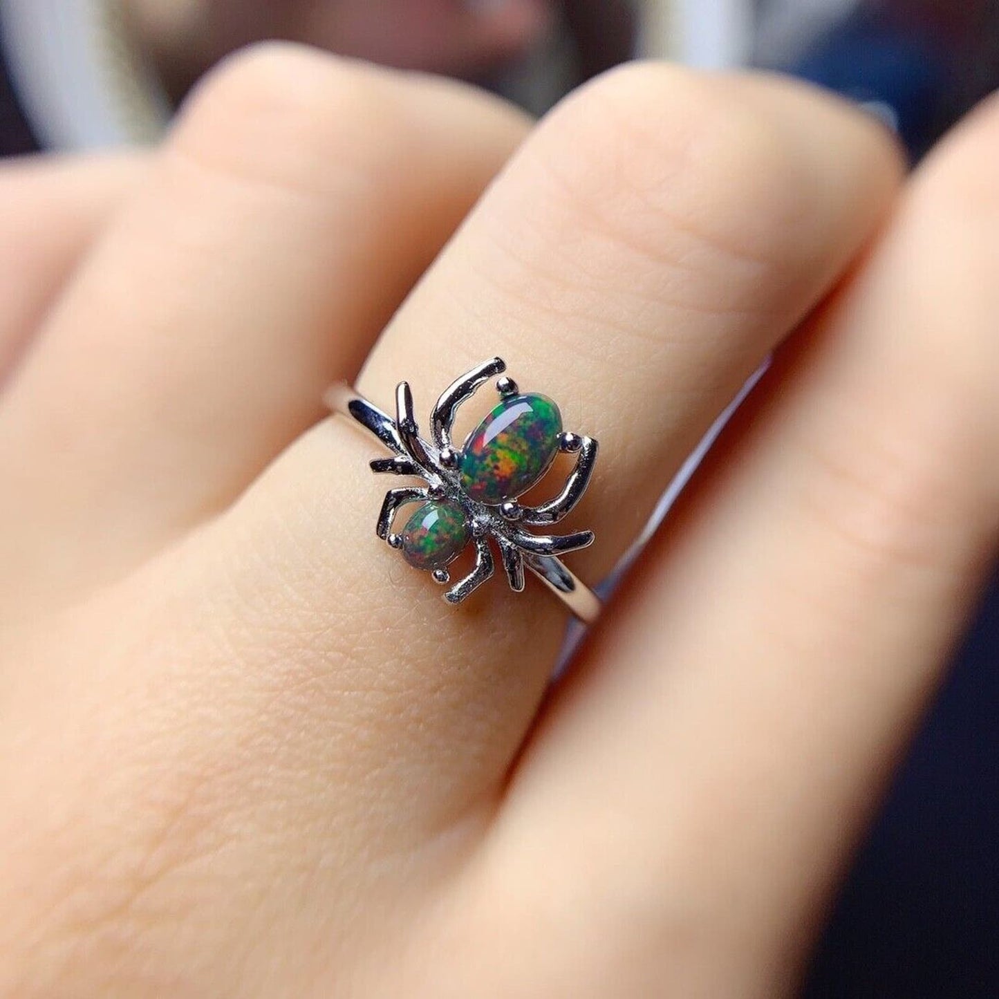 Black Fire Opal Spider Ring Sterling Silver