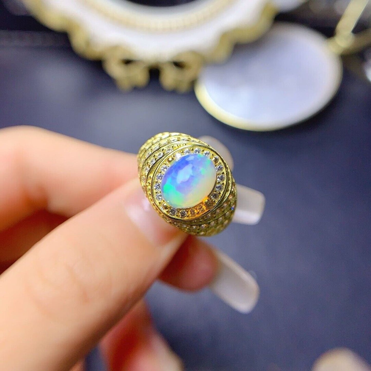 Women's Gold Fire Opal Cocktail Ring 7x9mm