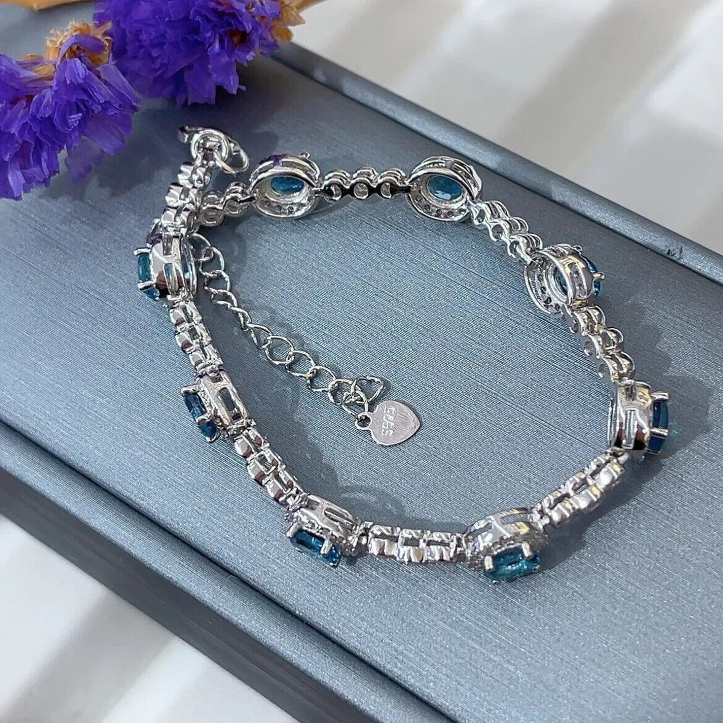 Natural London Blue Topaz Tennis Bracelet 4x5mm Platinum Plated