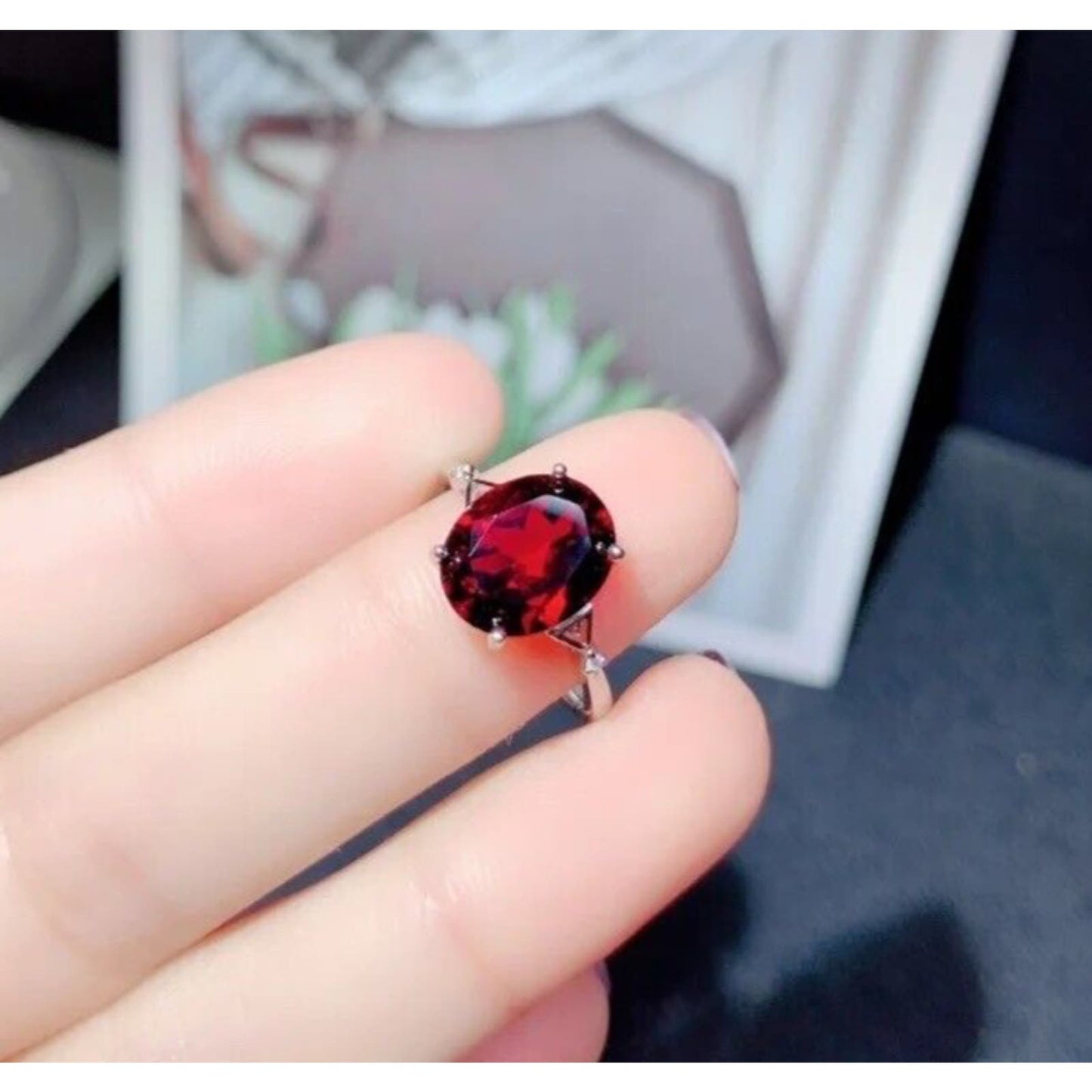 Dark Red Oval Cut Cocktail Ring 6x8mm Platinum Plated