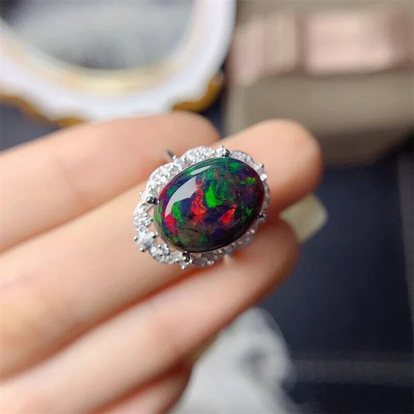 Black Fire Opal Statement Ring 10x14mm 4.8CT