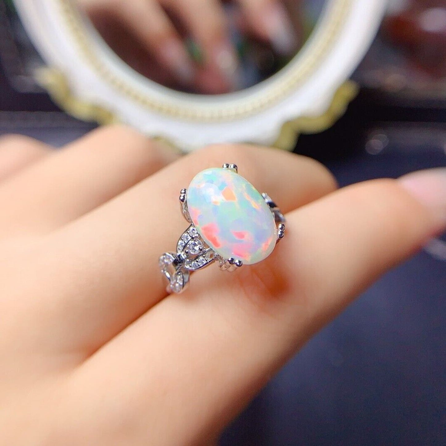 Large White Fire Opal Cocktail Ring 10x14mm Sterling Silver