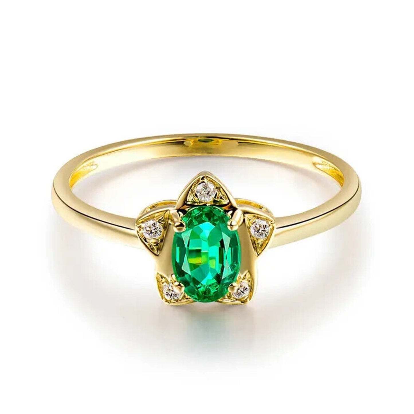 Natural Emerald and Diamond Oval Cut Flower Ring 18k Yellow Gold