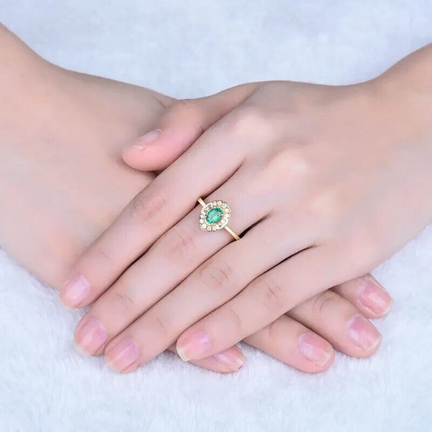 Natural Emerald and Diamond 14k Yellow Gold Cocktail Ring