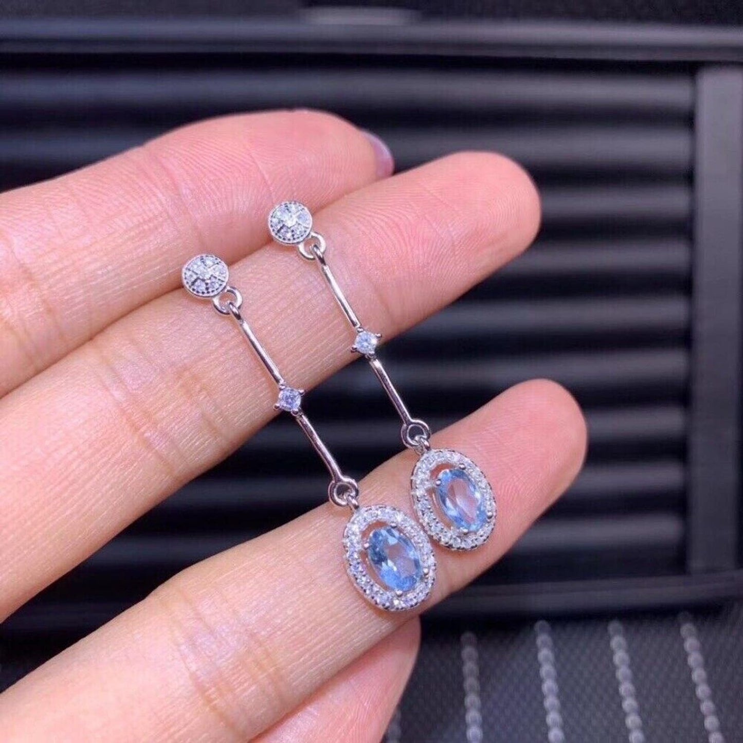 Natural Aquamarine Drop Dangle Earrings 4x6mm Platinum Plated