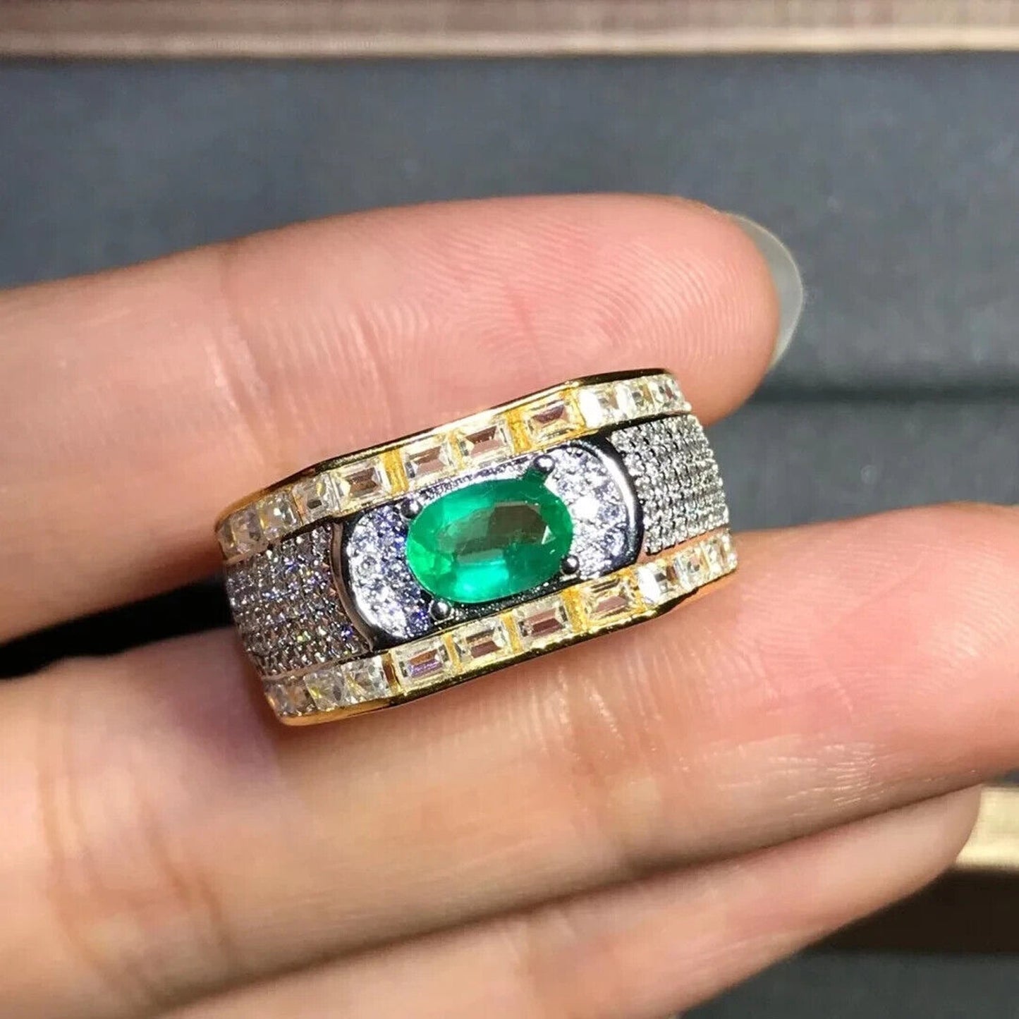 Men's Natural Emerald Ring, Two Tone 4x6mm