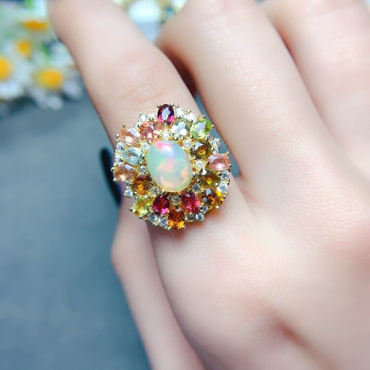 Fire Opal and Multicolor Tourmaline Statement Ring 7x9mm