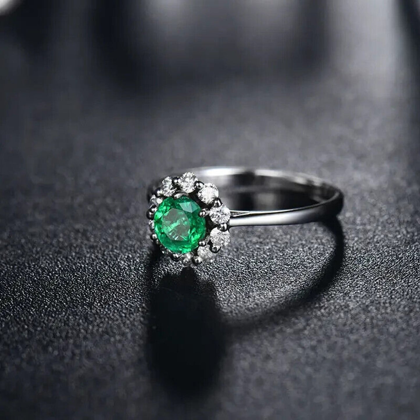 Natural Emerald and Diamond Round Cut Cluster Ring 14k White Gold