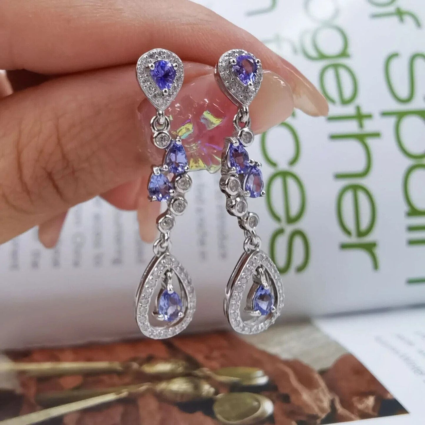 Purple Tanzanite Long Dangle Earrings 8x32mm