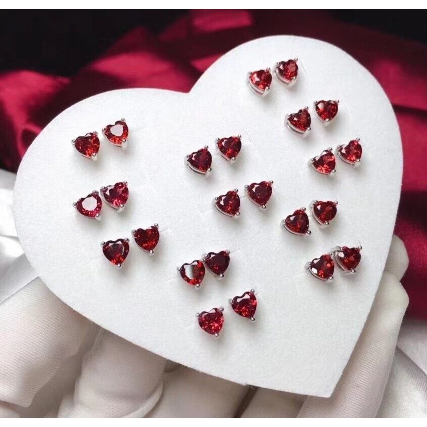 Heart Shaped Red Garnet Stud Earrings 6mm Platinum Plated