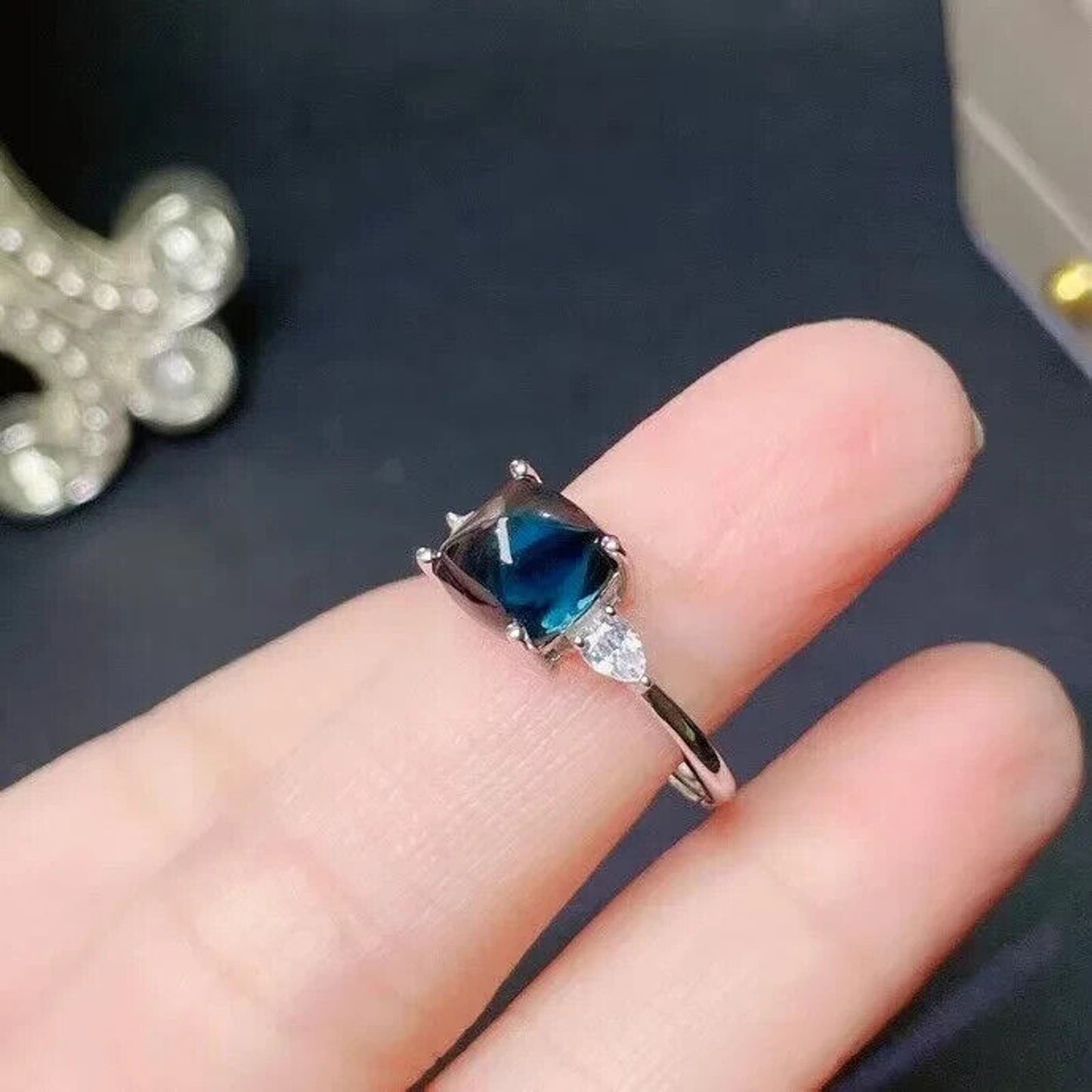 Sugarloaf Cut London Blue Topaz Gemstone Ring, Natural London Blue Topaz Ring