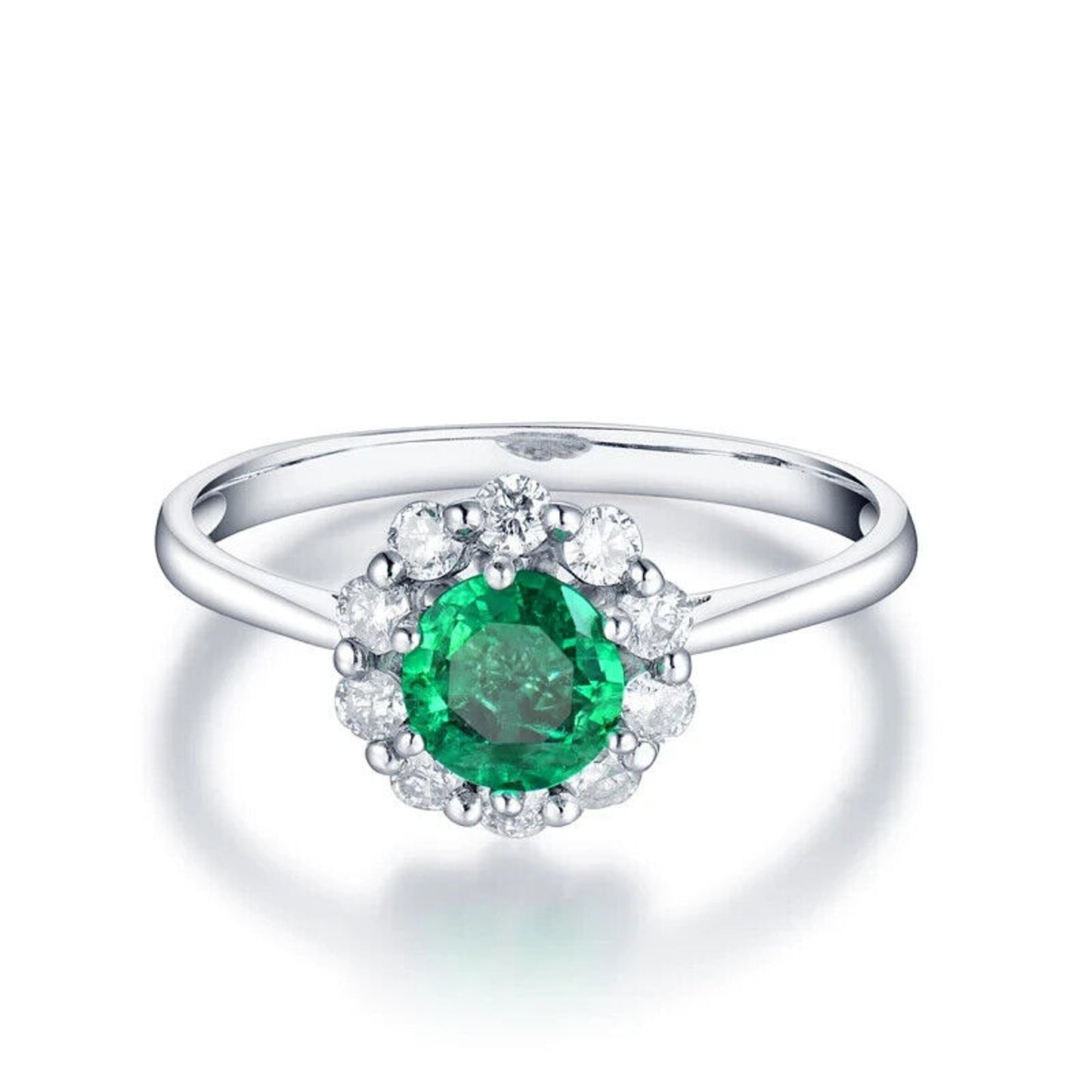 Natural Emerald and Diamond Round Cut Cluster Ring 14k White Gold