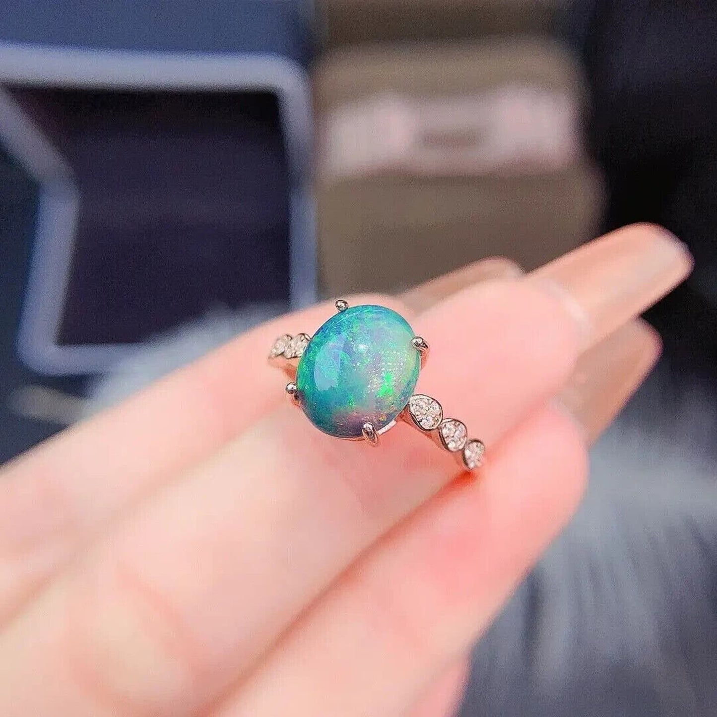 Natural Black Fire Opal Cocktail Ring 9x11mm Platinum Plated