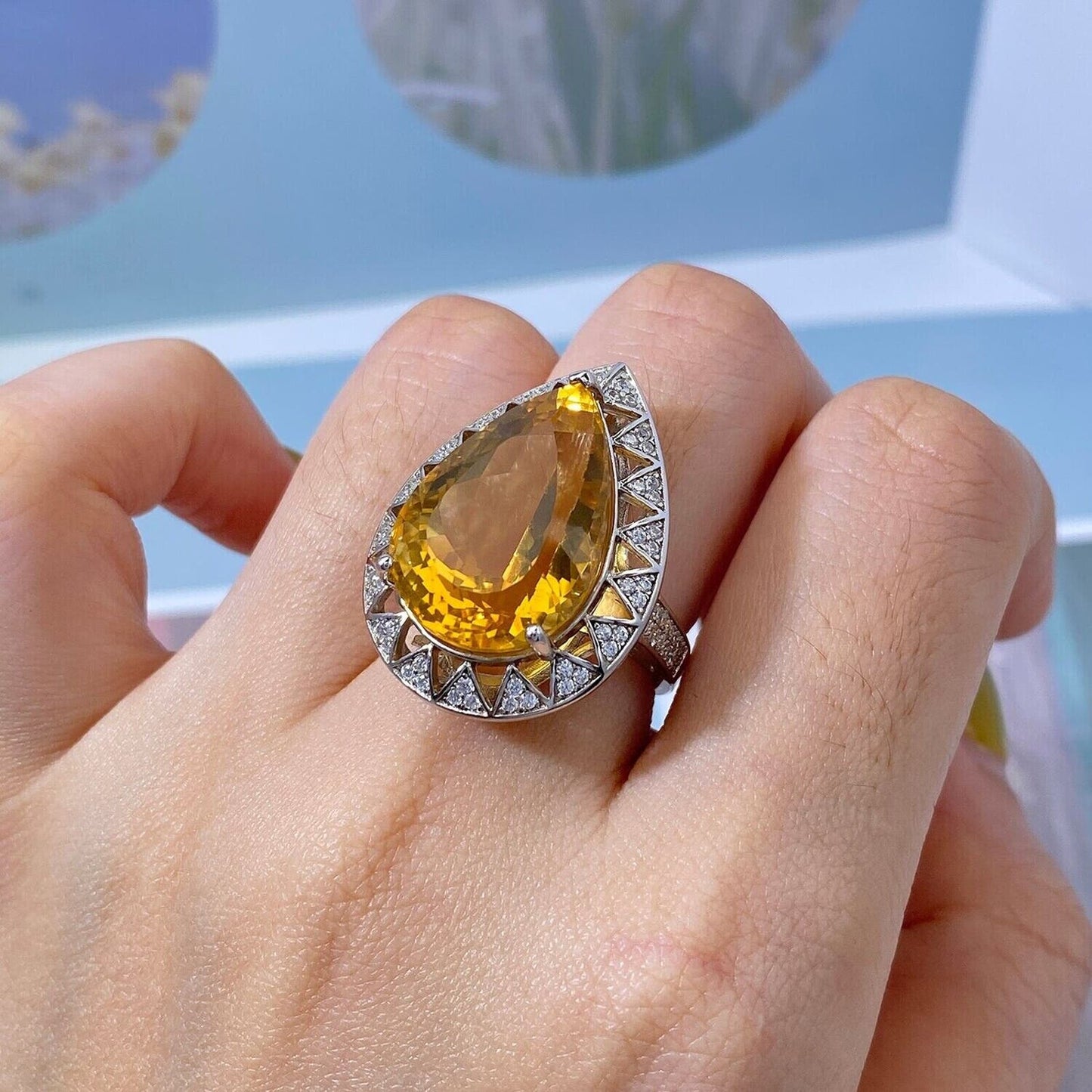 Citrine Gemstone Pear Cut Statement Ring 15 Carat