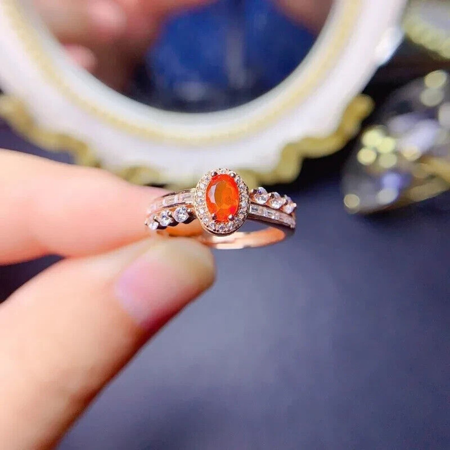 Orange Fire Opal Cocktail Ring 4x6mm Sterling Silver