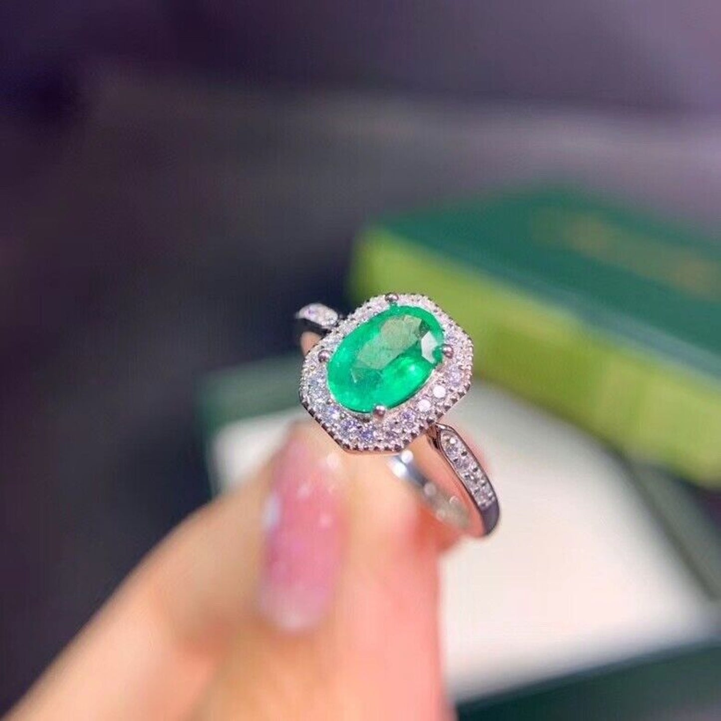 Colombian Emerald Cocktail Ring 5x7mm Sterling Silver