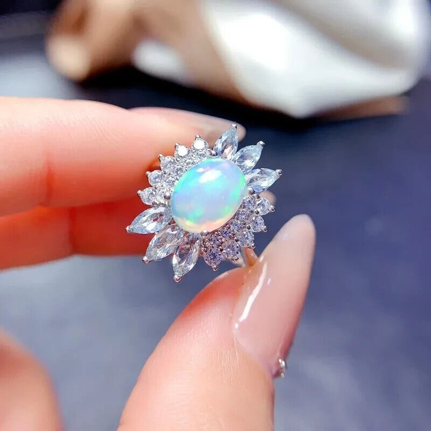 Natural Fire Opal And Aquamarine Cluster Ring Sterling Silver