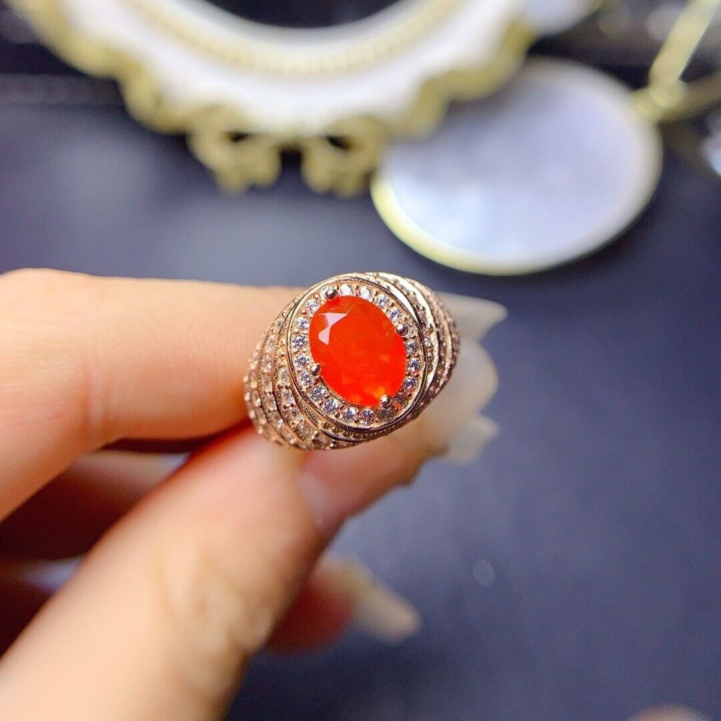 Natural Orange Fire Opal Cocktail Ring 7x9mm