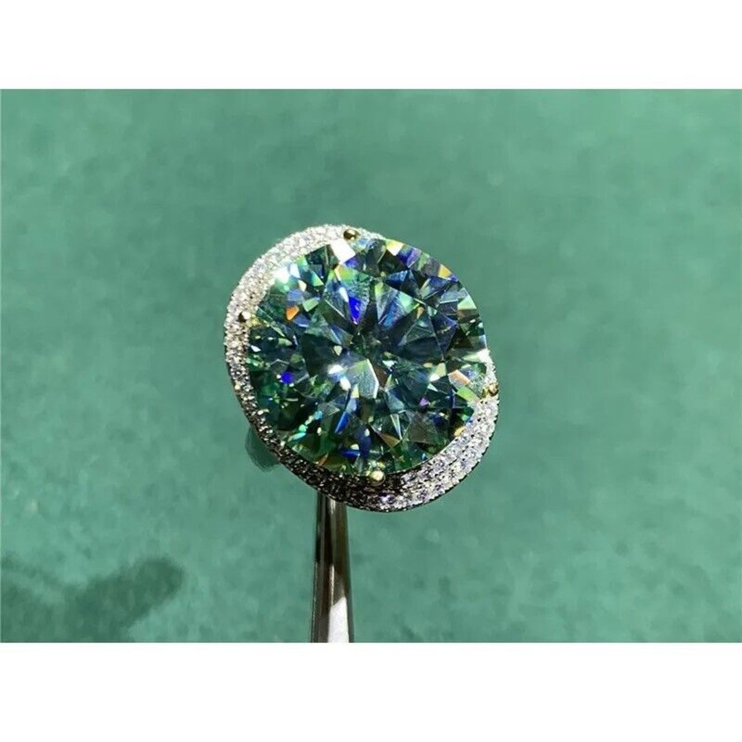 15 Carat VVS1 Round Brilliant Cut Green Moissanite Ring Sterling Silver