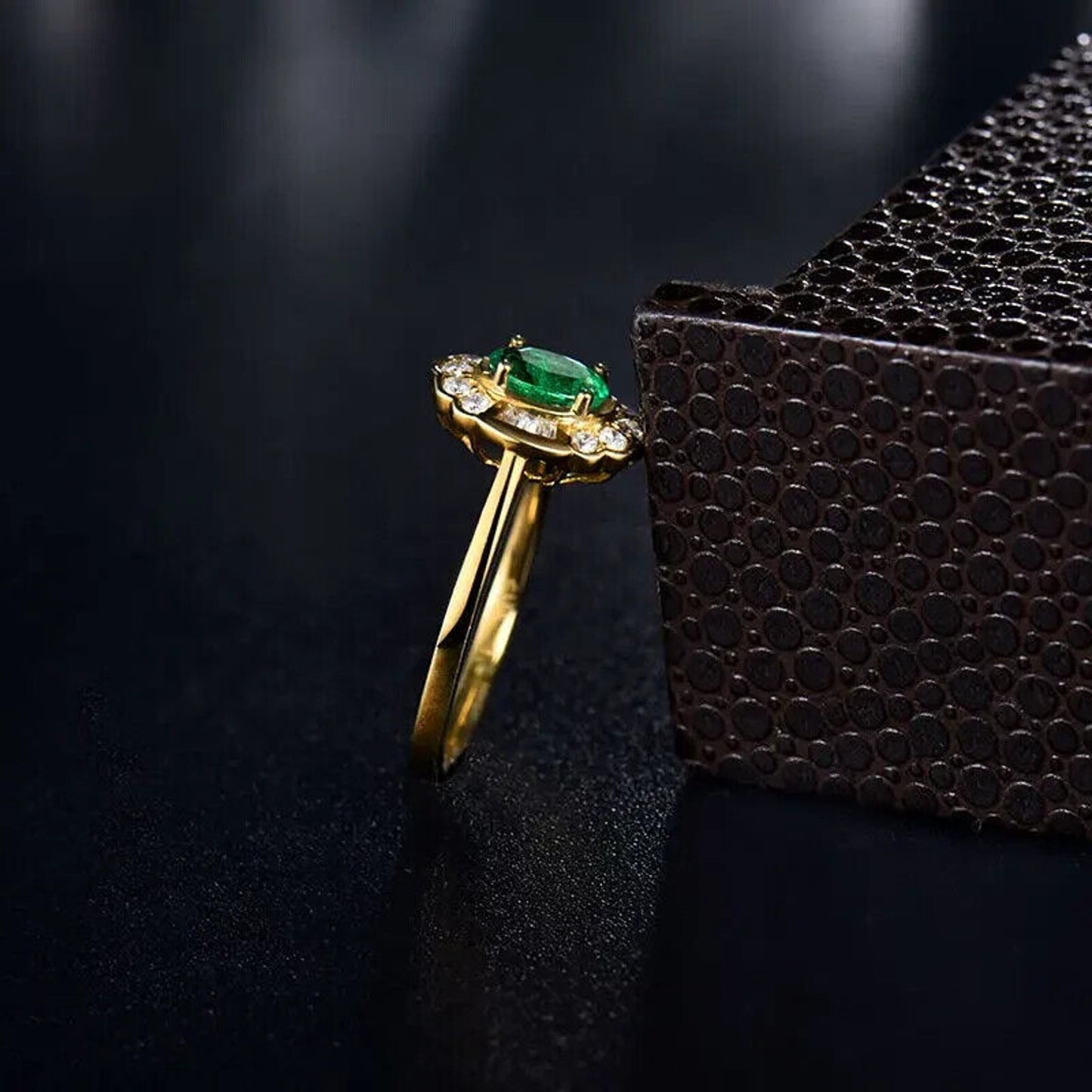 Natural Emerald and Diamond 14k Yellow Gold Cocktail Ring