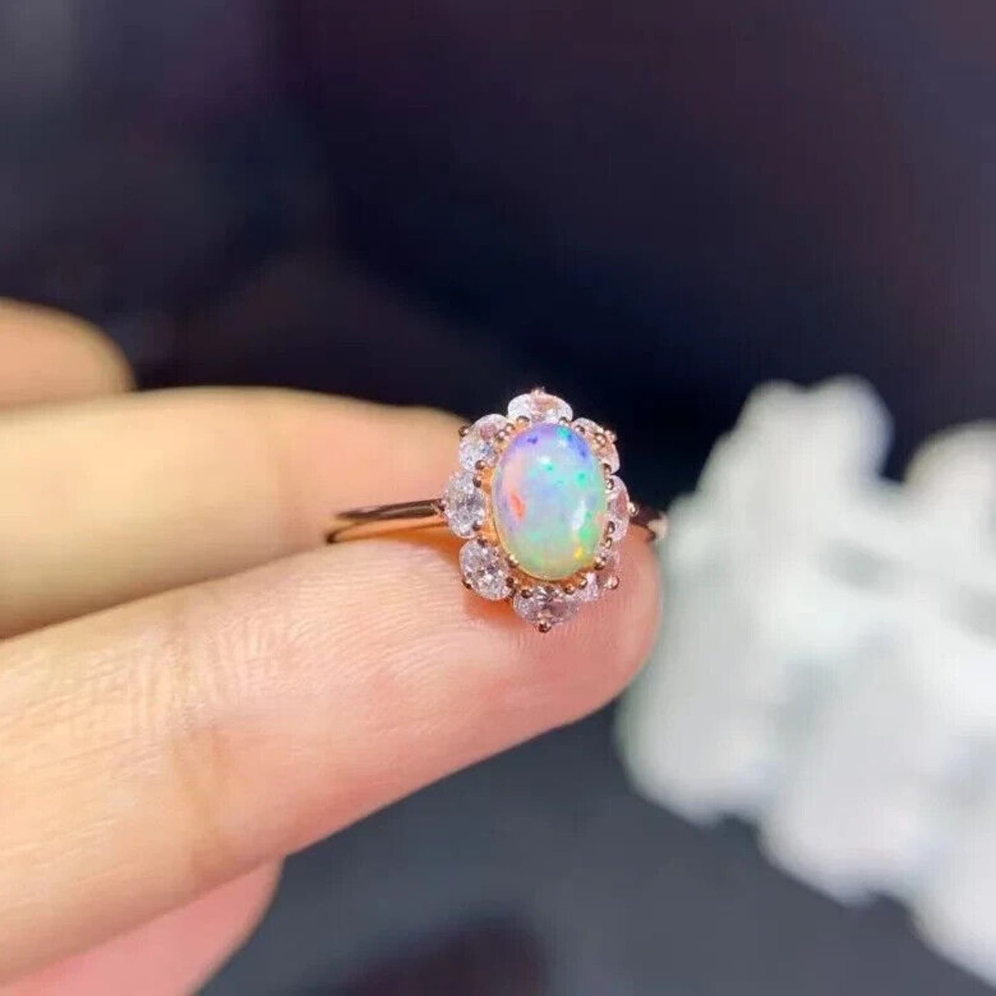 Fire Opal Cocktail Ring 5x7mm Sterling Silver