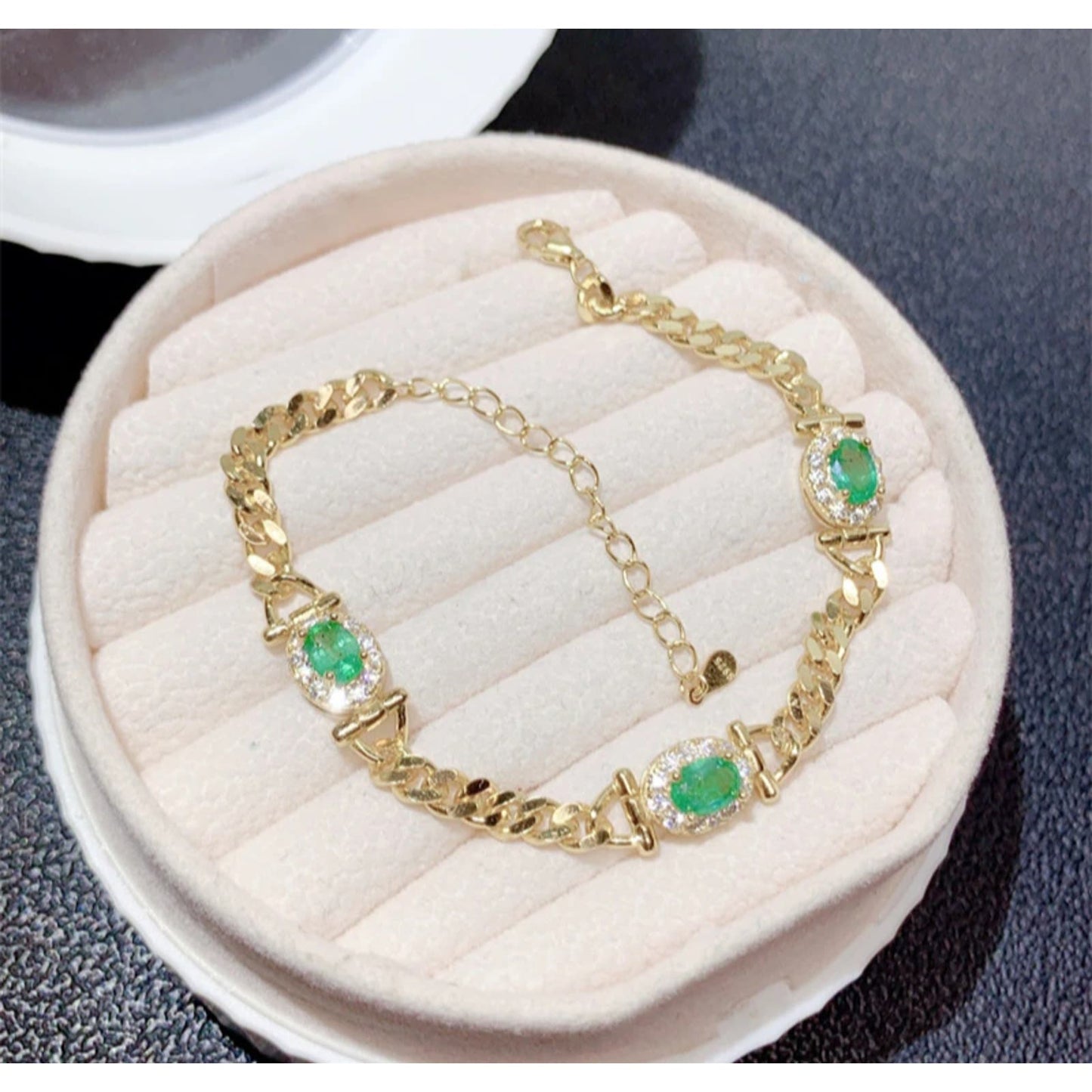 Natural Emerald Cuban Chain Bracelet 4x6mm Sterling Silver