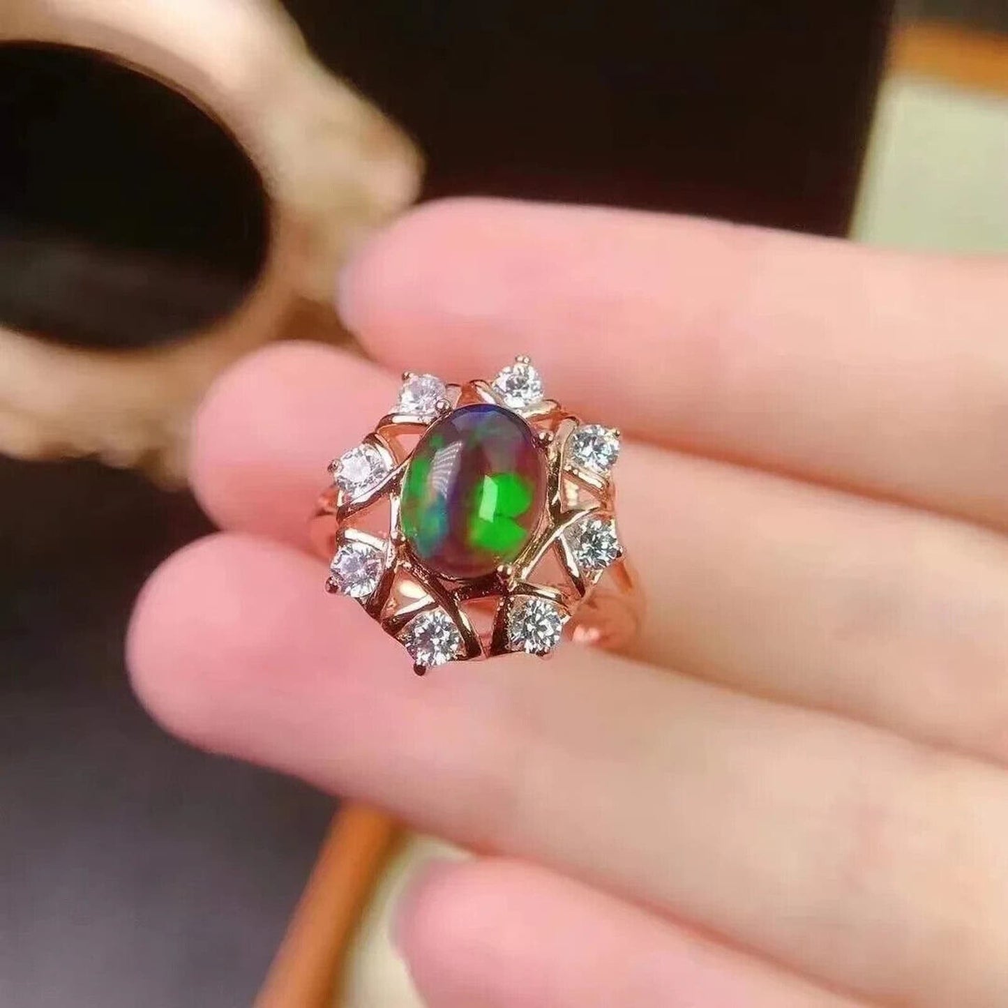 Black Fire Opal Cluster Cocktail Ring 7x9mm