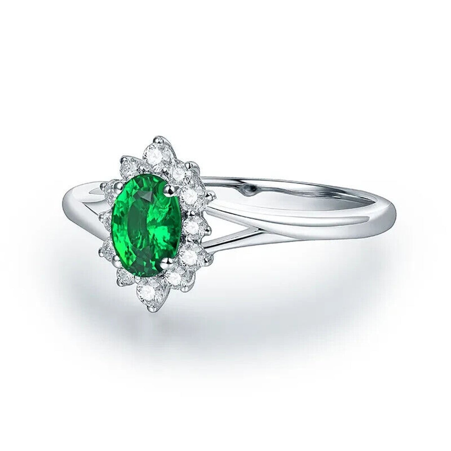 Natural Emerald and Diamond Oval Cut Cluster Ring 14k White Gold