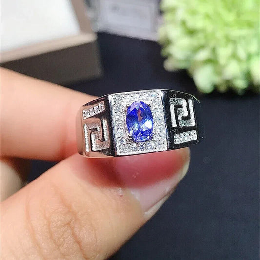 Mens Tanzanite Cocktail Ring VVS1 4x6mm Platinum Plated