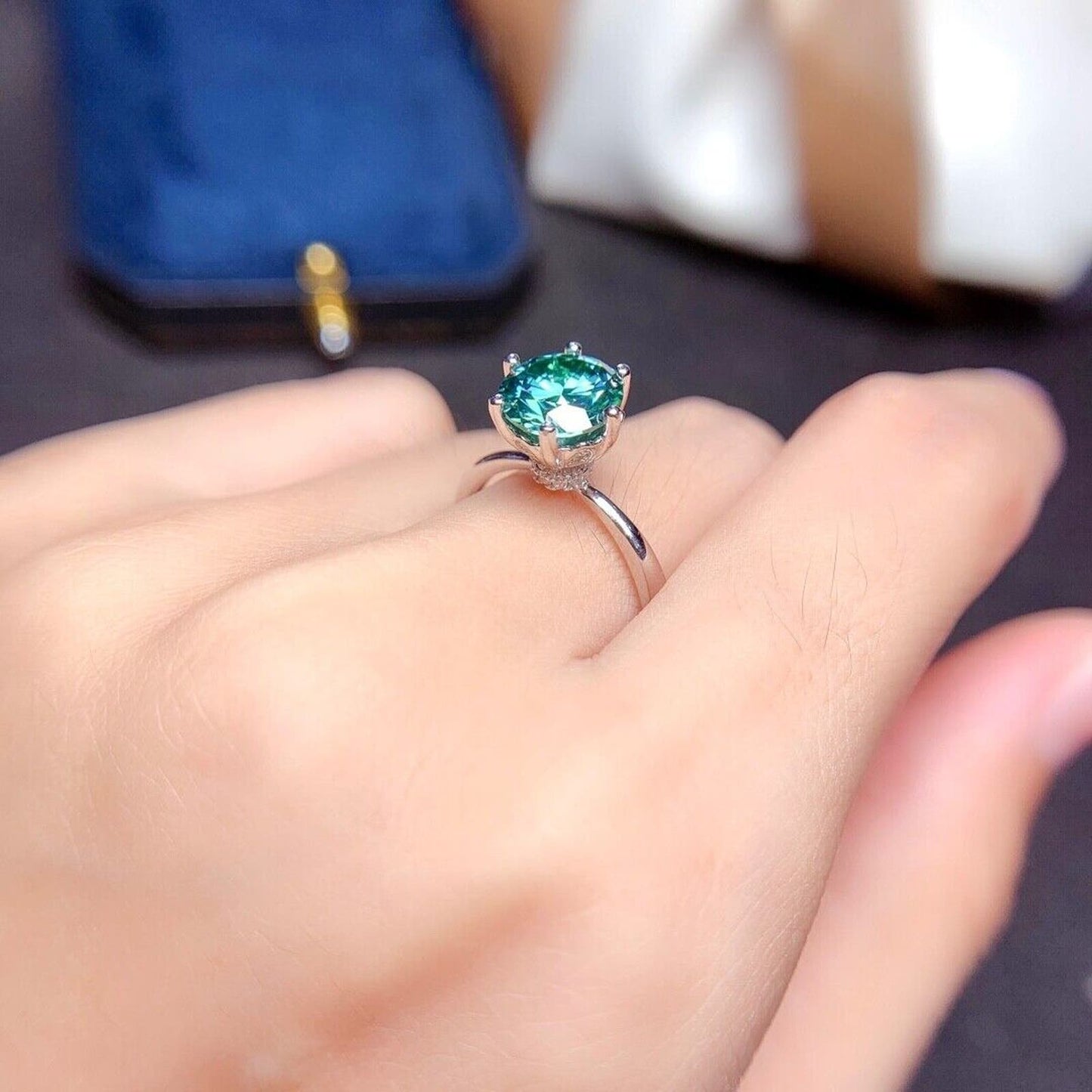 2 Carat Green Moissanite High Setting Cocktail Engagement Ring Sterling Silver