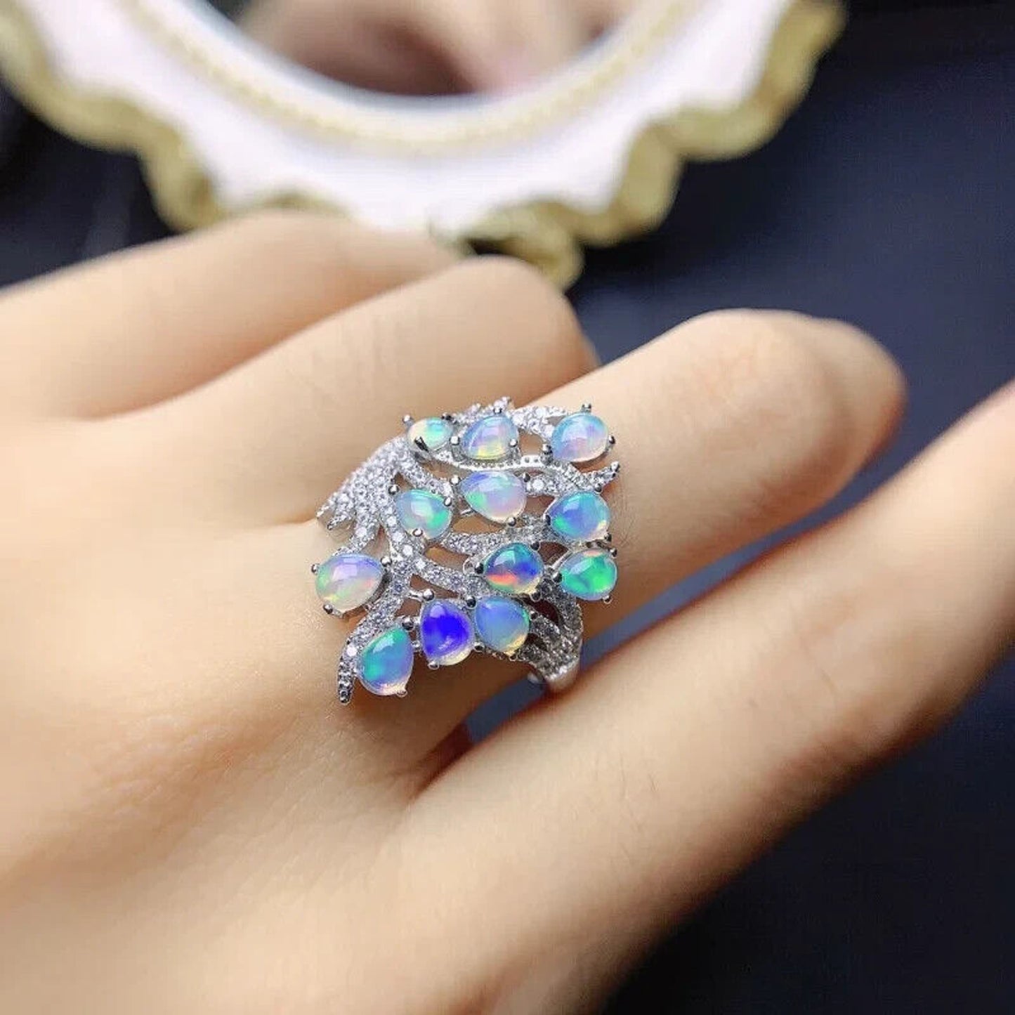 Fire Opal Cluster Statement Ring 3x4mm Pear Cut