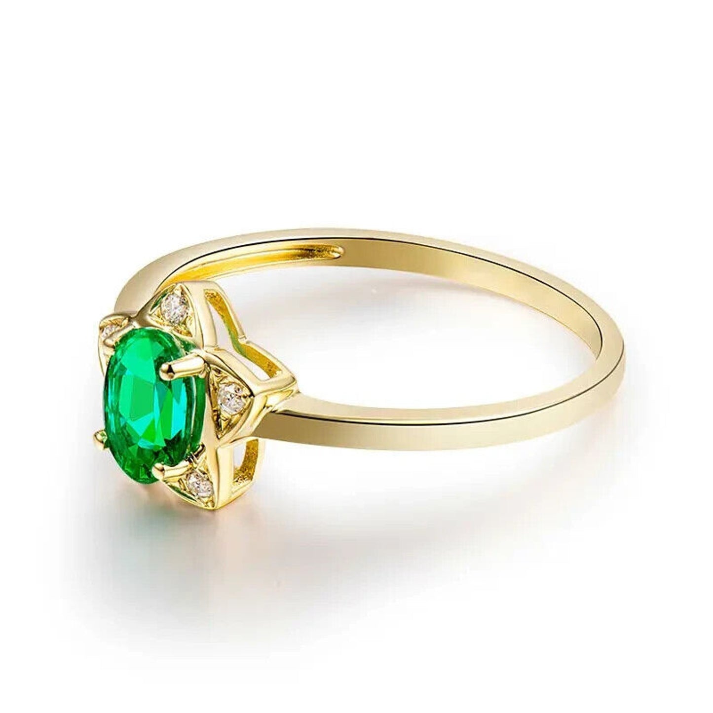 Natural Emerald and Diamond Oval Cut Flower Ring 18k Yellow Gold