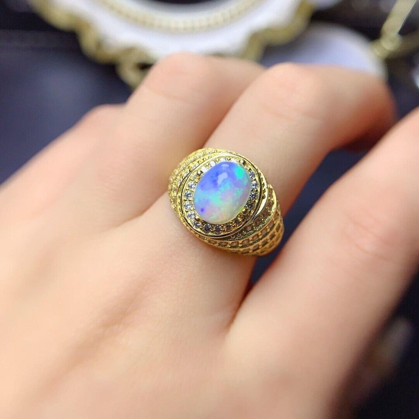 Women's Gold Fire Opal Cocktail Ring 7x9mm