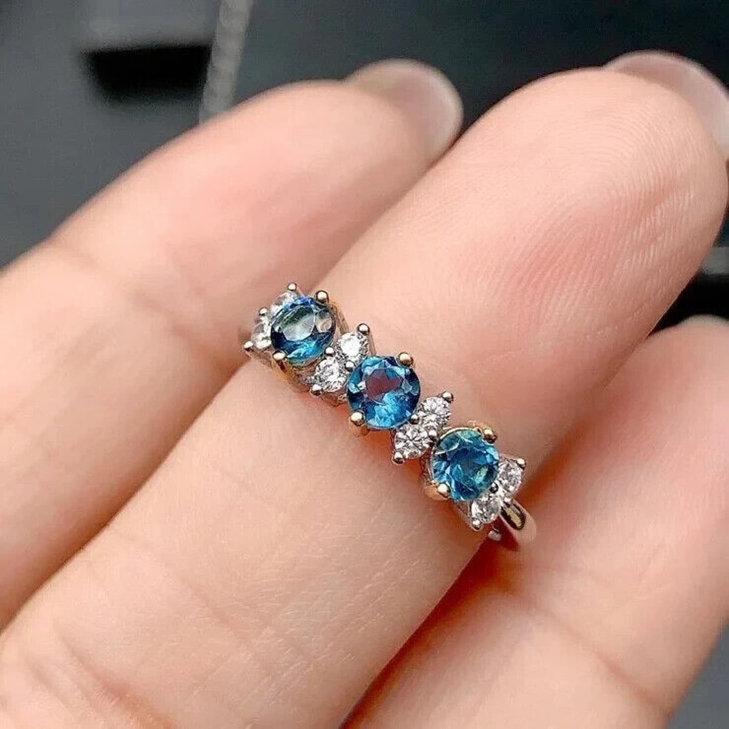 Natural London Blue Topaz Band Ring, London Blue Topaz and CZ Sterling Ring