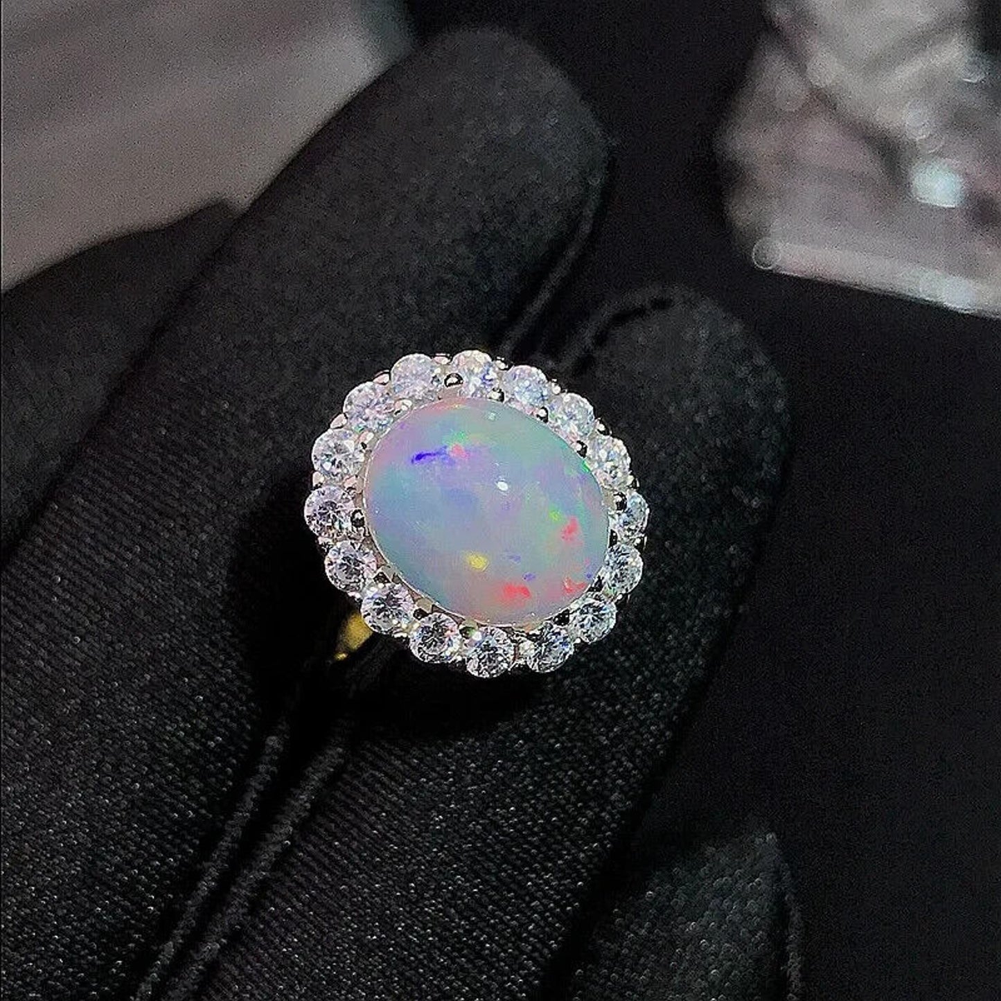 Natural Australian White Opal Cocktail Ring 8x10mm