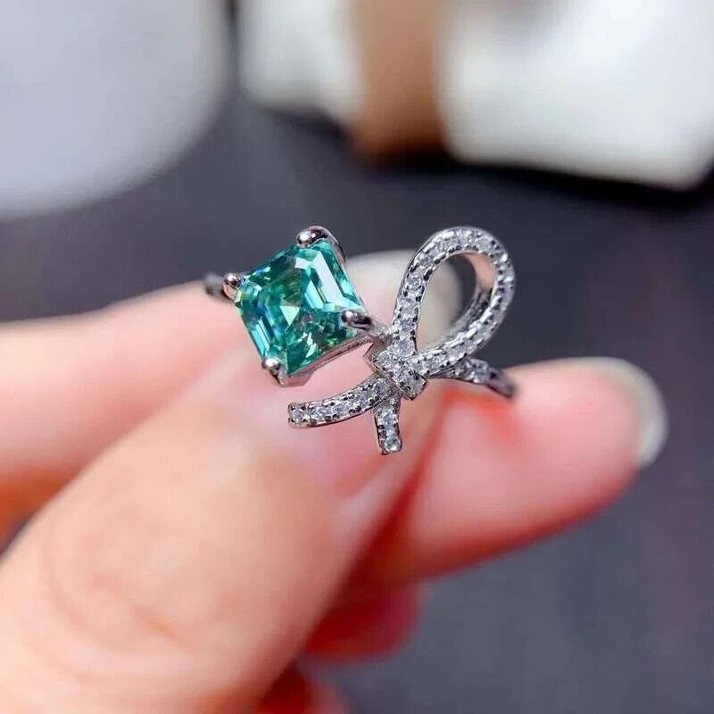 1 Carat VVS1 Asscher Cut Green Moissanite Ring, Teal Blue Asscher Cut Mossanite