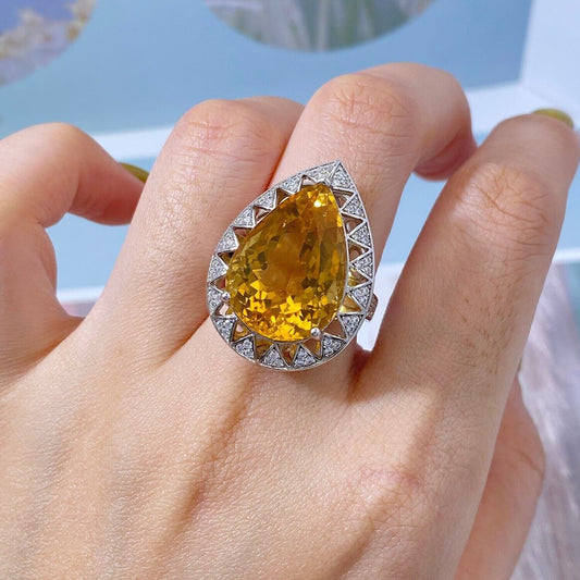 Citrine Gemstone Pear Cut Statement Ring 15 Carat