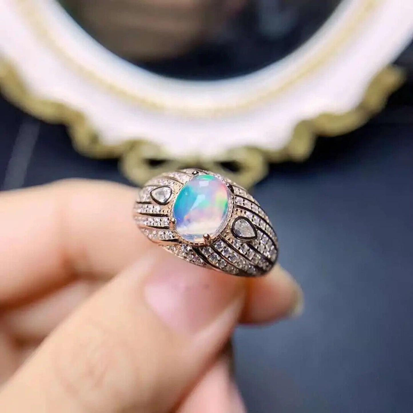 Natural White Opal Cocktail Ring 7x9mm Platinum Plated