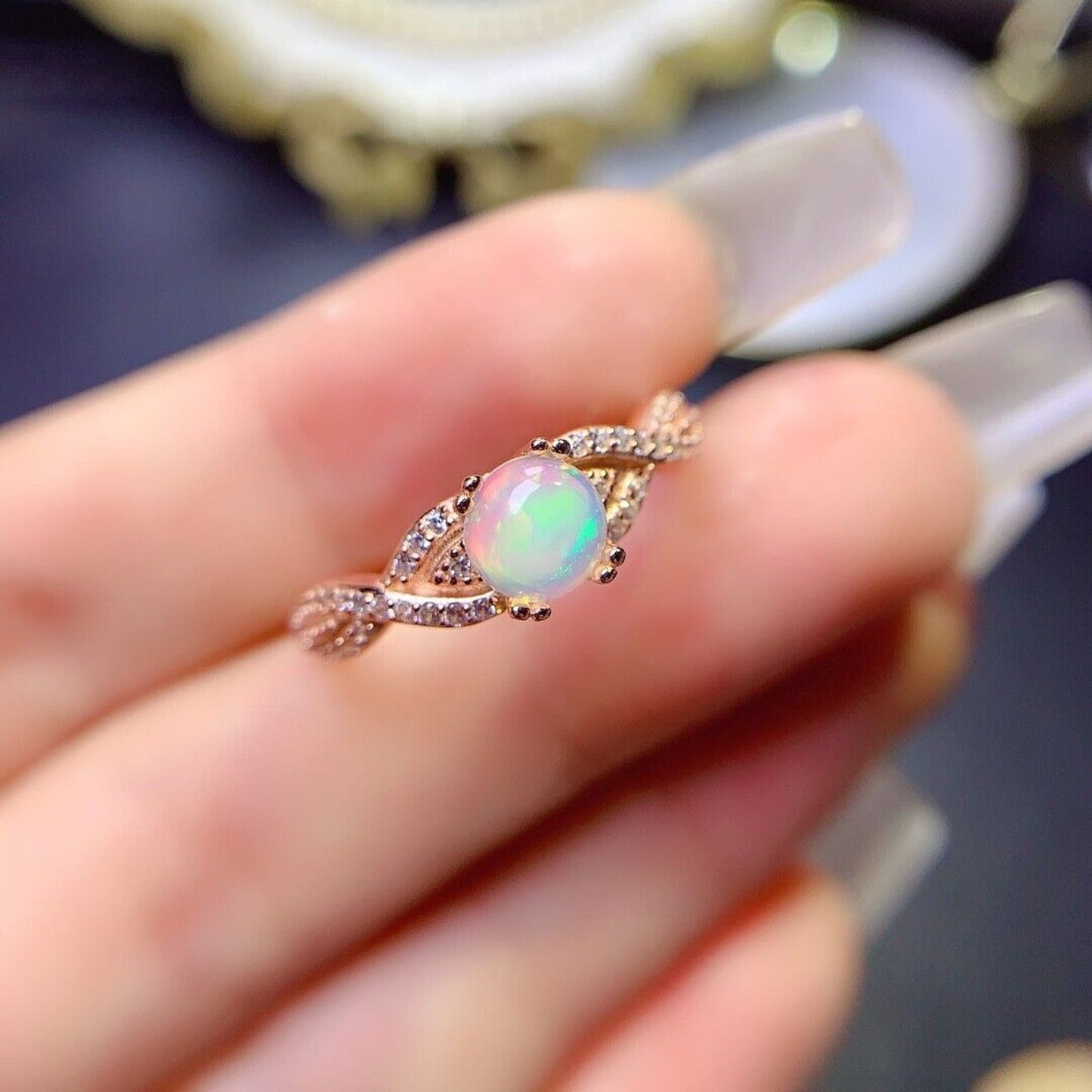 Dainty Opal Gemstone Ring 6mm Sterling Silver