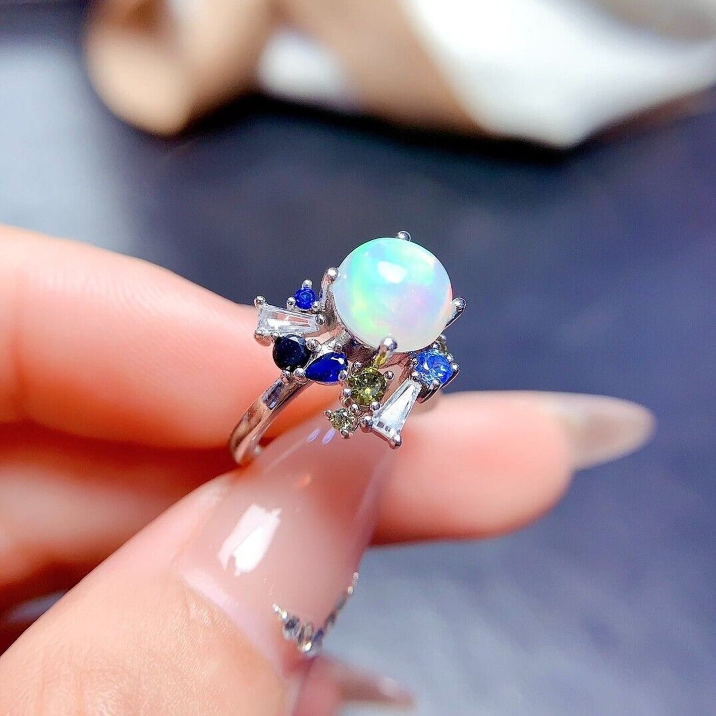 Natural White Opal Cocktail Ring Round 8mm