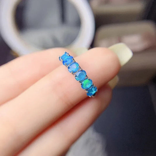 Natural Australian Blue Fire Opal Band Ring 3x4mm Sterling Silver