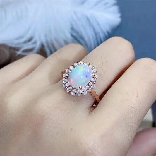 White Fire Opal Cluster Ring 8x10mm Sterling Silver