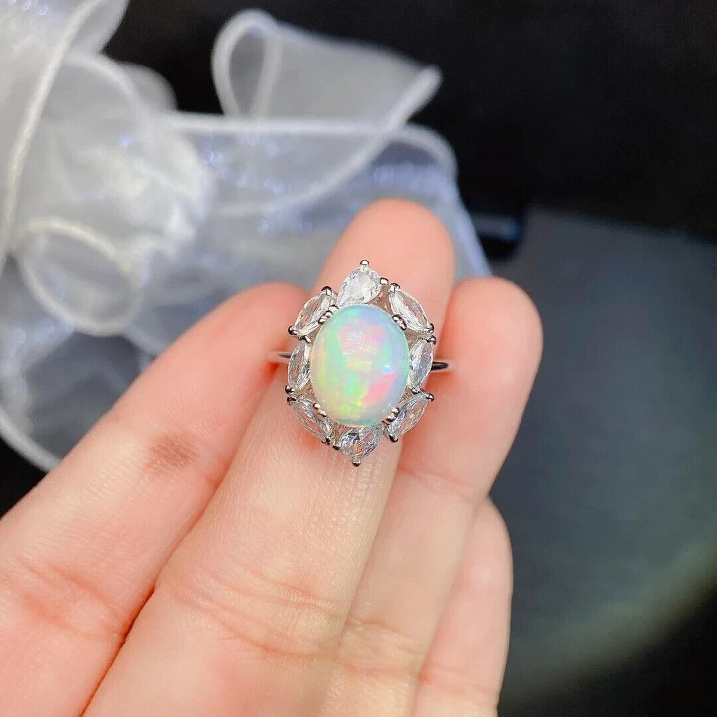 White Fire Opal Cluster Ring 10x12mm Sterling Silver