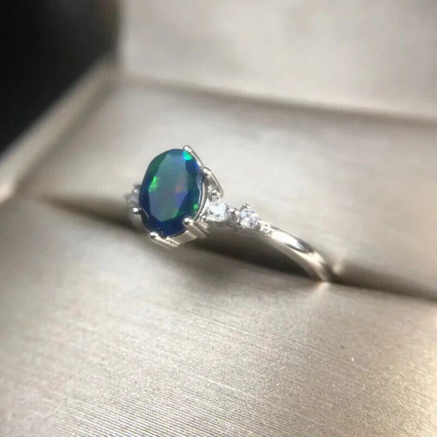 Faceted Black Fire Opal Cocktail Ring 5x7mm