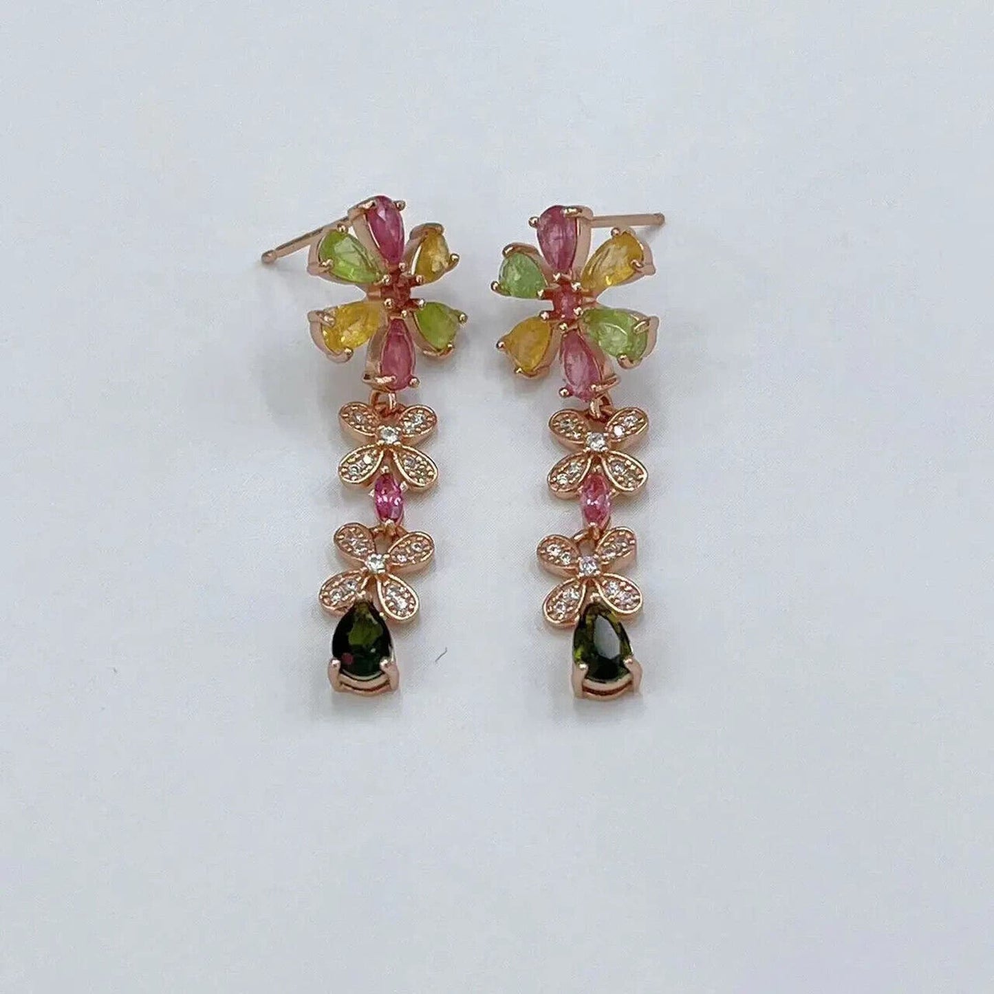 Multicolor Tourmaline Flower Dangle Earrings Rose Gold