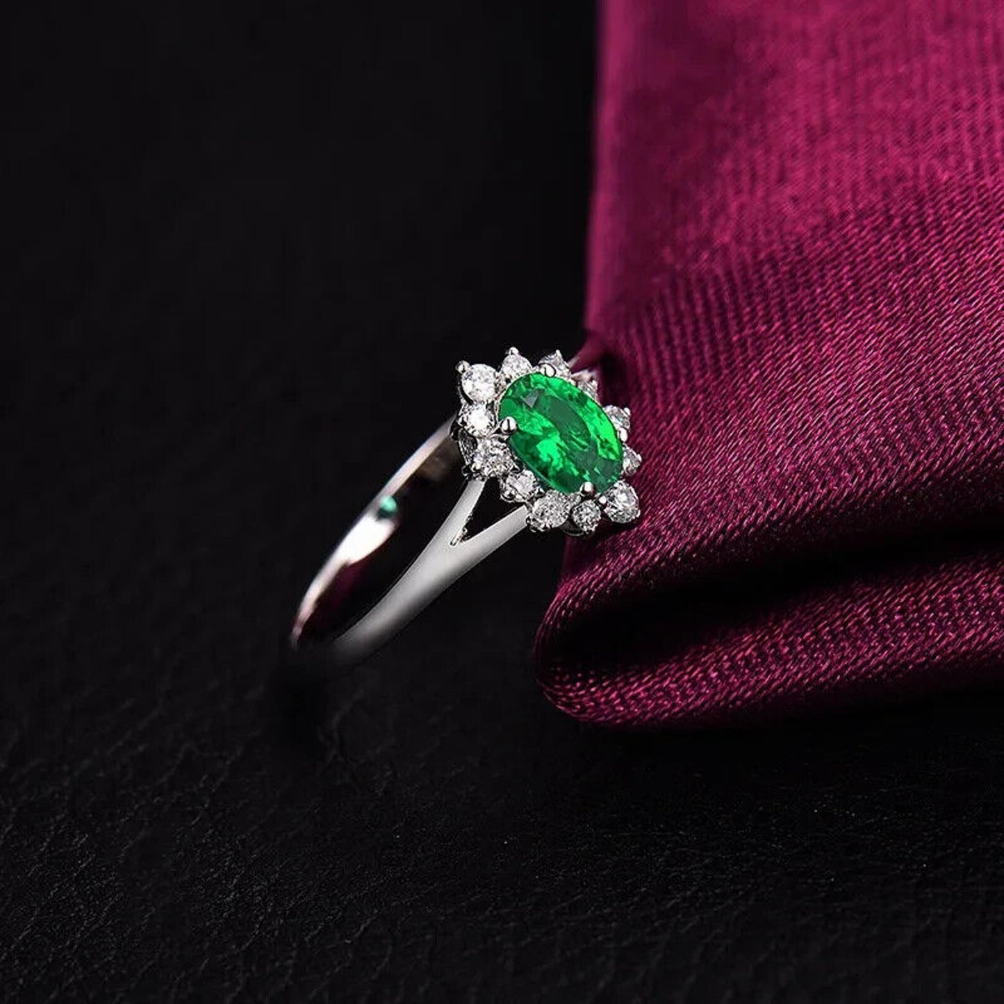 Natural Emerald and Diamond Oval Cut Cluster Ring 14k White Gold