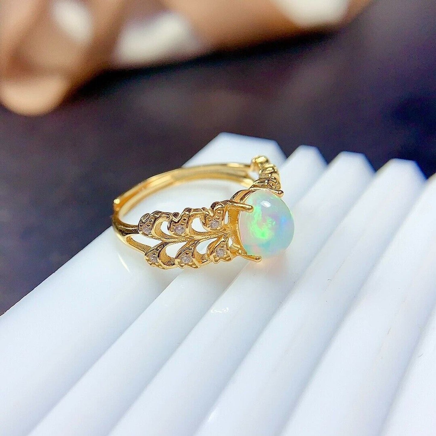 Natural White Opal Cocktail Ring 6x8mm Sterling Silver