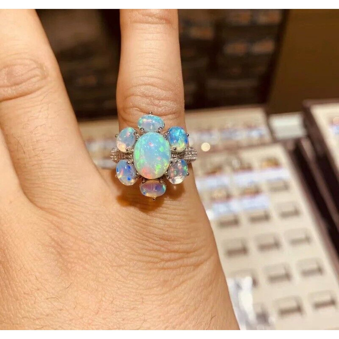 White Fire Opal Flower Statement Ring 925 Sterling Silver