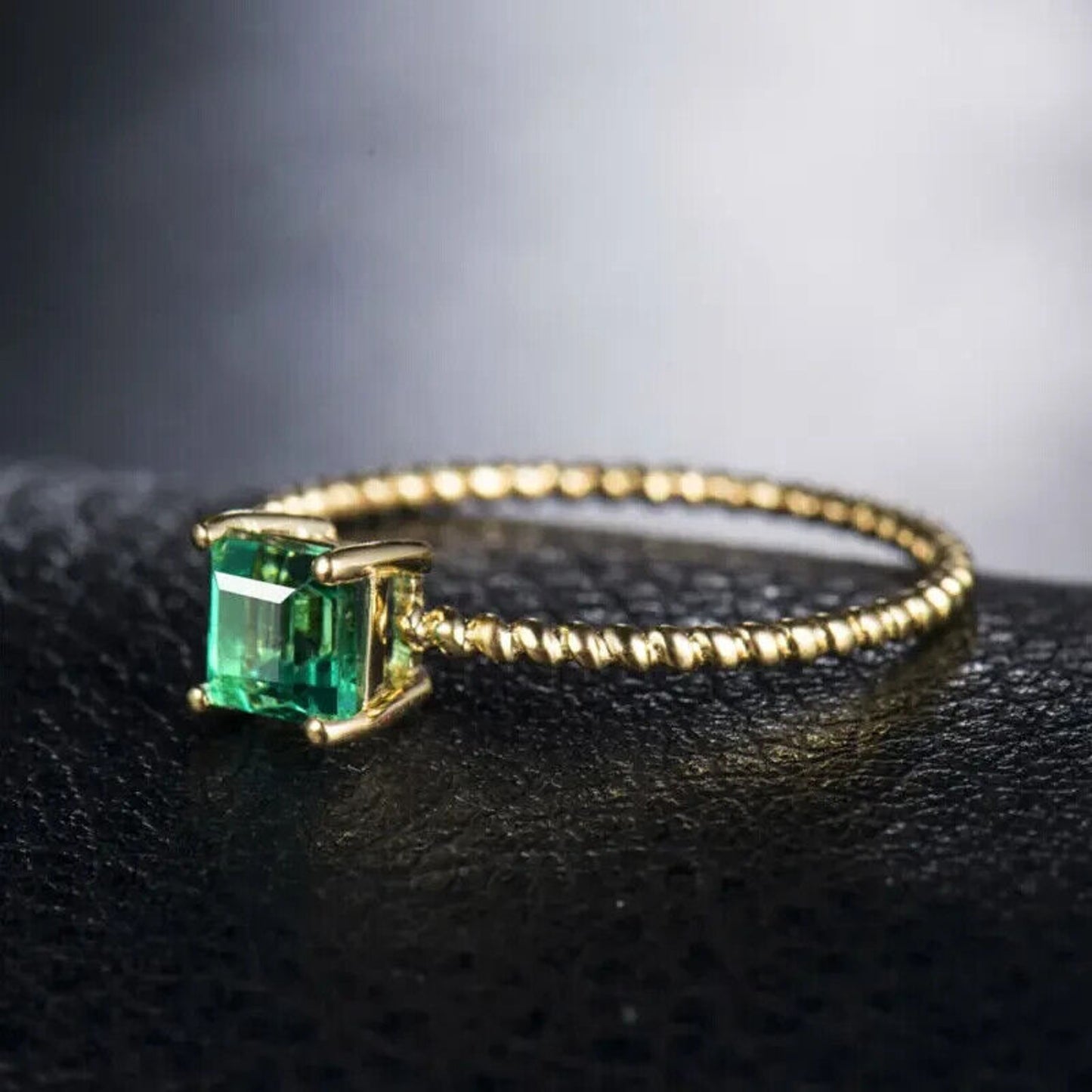 Natural Emerald Ring, Princess Cut 18k Yellow Gold